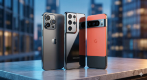 A professional studio photograph capturing three advanced, futuristic 2026 flagship smartphones—an iPhone, a Samsung Galaxy, and a Google Pixel—displayed side-by-side on a minimalist stone surface against a blurred backdrop of a sophisticated smart city skyline at twilight. The image emphasizes the unique rear designs, complex camera arrays, and premium materials of the competing devices.