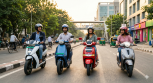 A vibrant, high-definition photograph capturing a diverse group of young Indian professionals smiling and happily commuting together on distinct models of modern electric scooters (like an Ather, Ola, TVS, and Bajaj) through a bustling, clean city street in India during a late, warm afternoon. They are wearing helmets and casual business attire. The background shows traffic, green trees, and office buildings, highlighting clean and smart urban mobility.